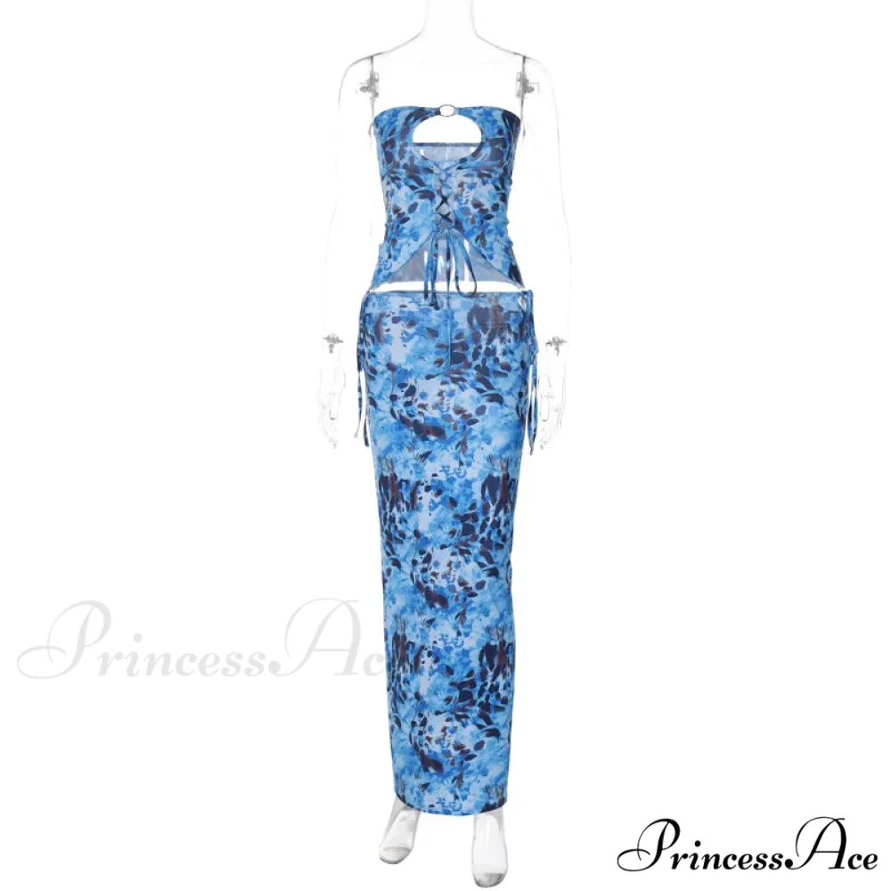 Fashion Print Sexy Cut Out Strapless Lace Up Maxi Dress - Image 6