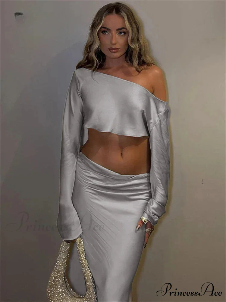 Satin Off Shoulder Long Sleeve Crop Top Maxi Dress - Image 4