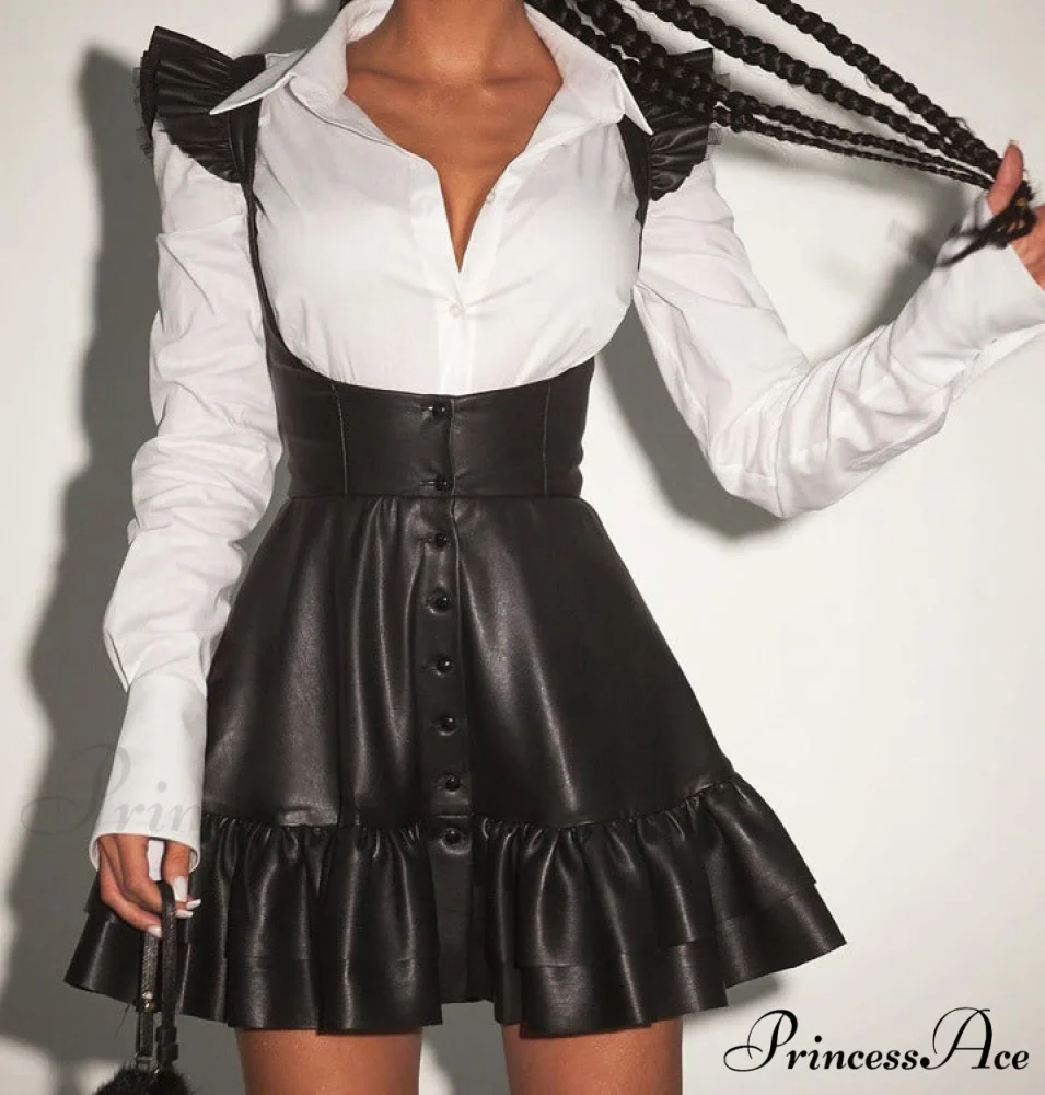Black-White Contrast Long-Sleeve Skirt Suit - Image 3