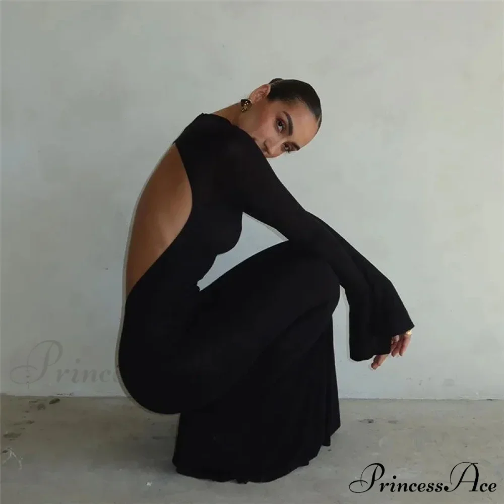 Black TurtleNeck Backless Maxi For Women Elegant Evening Trumpet Sleeves 2024 Autumn Bodycon Long Cut Out Dress - Image 2