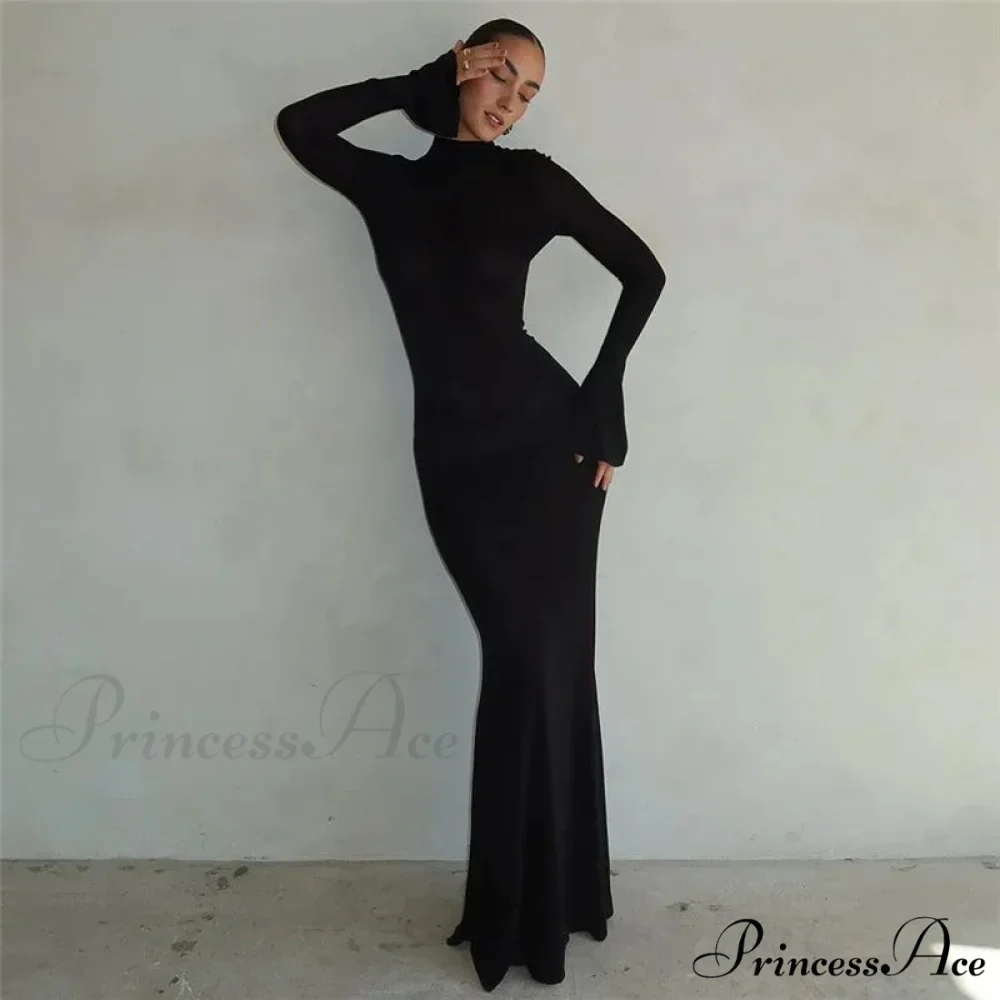 Black TurtleNeck Backless Maxi For Women Elegant Evening Trumpet Sleeves 2024 Autumn Bodycon Long Cut Out Dress - Image 3