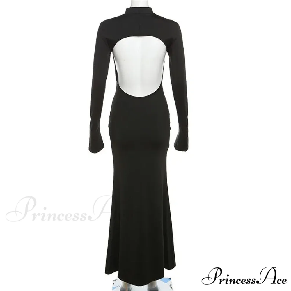 Black TurtleNeck Backless Maxi For Women Elegant Evening Trumpet Sleeves 2024 Autumn Bodycon Long Cut Out Dress - Image 6