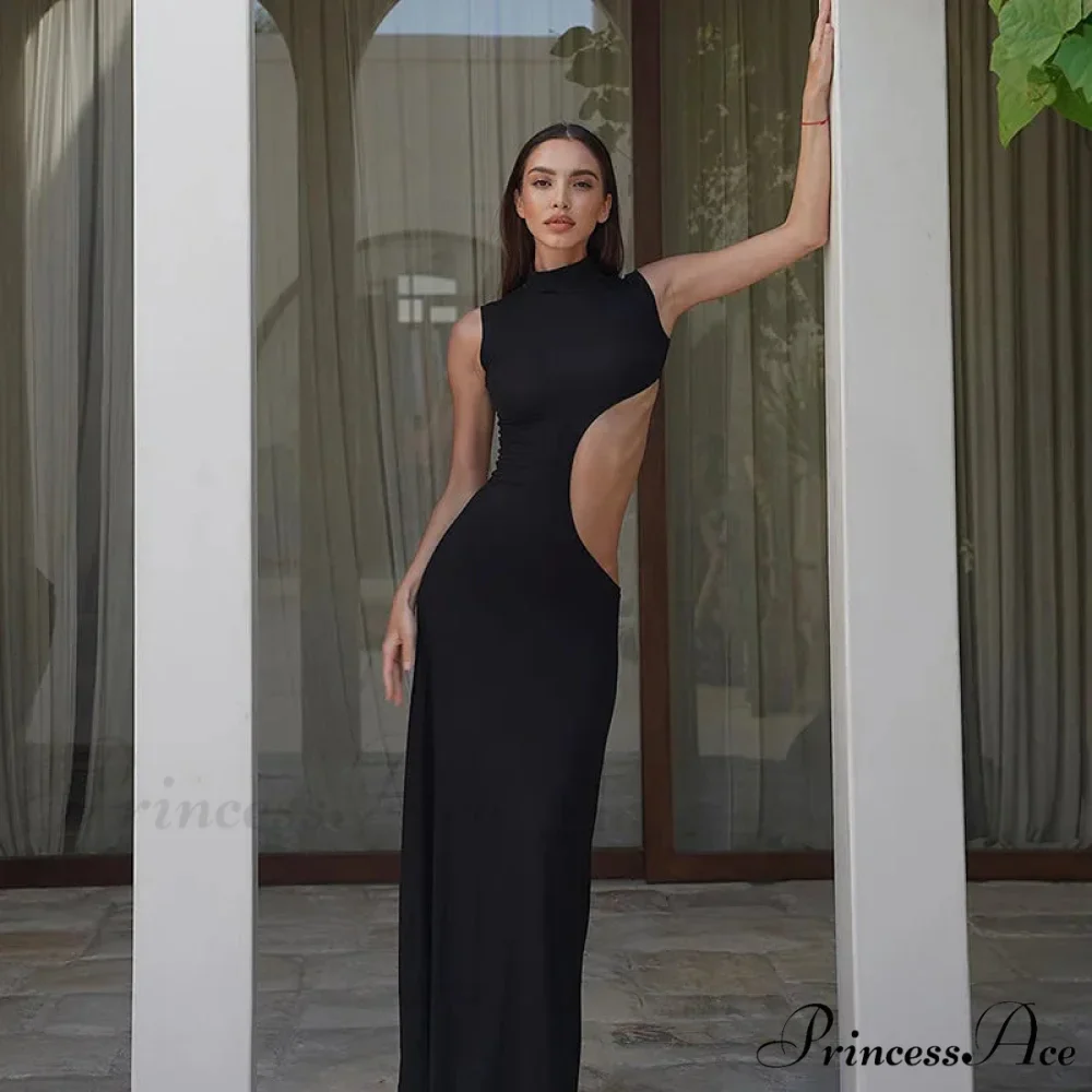 Black Hollow Out Long Women 2024 Sleeveless Bodycon Sexy Maxi Evening Slim Fashion Clubwear Cut Out Dress - Image 4