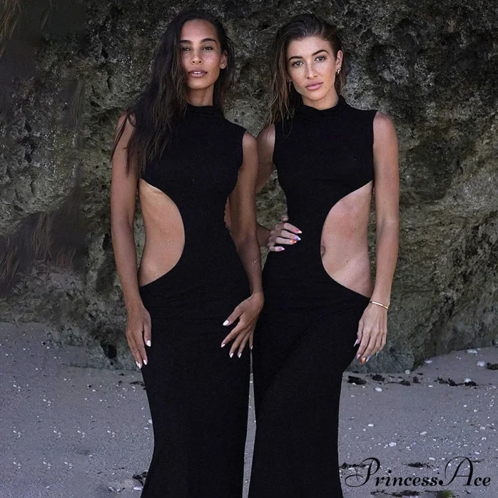 Black Hollow Out Long Women 2024 Sleeveless Bodycon Sexy Maxi Evening Slim Fashion Clubwear Cut Out Dress - Image 5