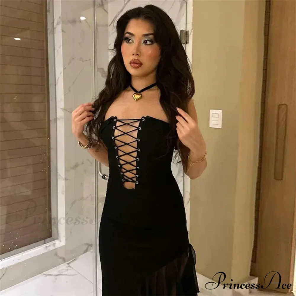 Black Bandage Ruffled Hem 2024 New Women Lace Up Side Split Slim Chic Sleeveless Clubwear Cut Out Dress - Image 3