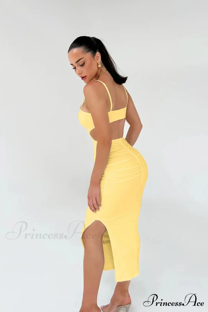Backless Solid Fold Pleated Side Slit Summer New Women's Suspender Wrapped Buttocks Long Skirt Cut Out Dress - Image 4