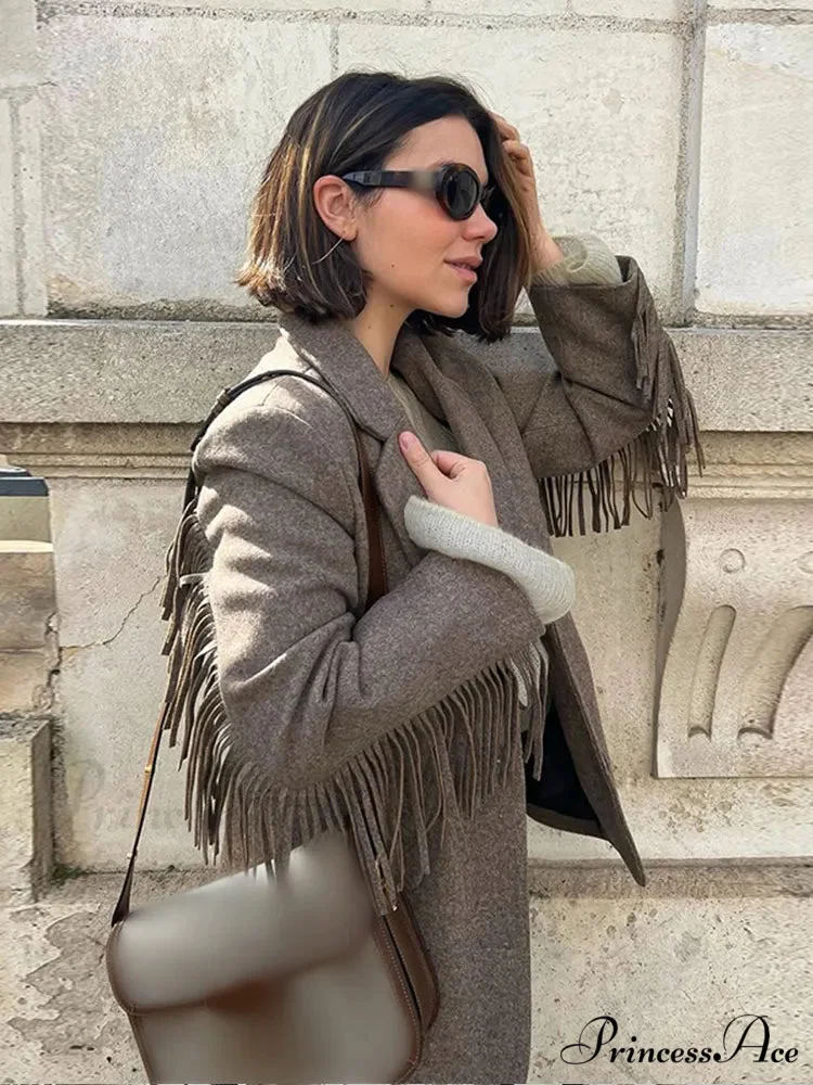 Casual Tassels Patchwork Long Sleeves Lapel Single Breasted Buckle Slim Stylish Coat - Image 2