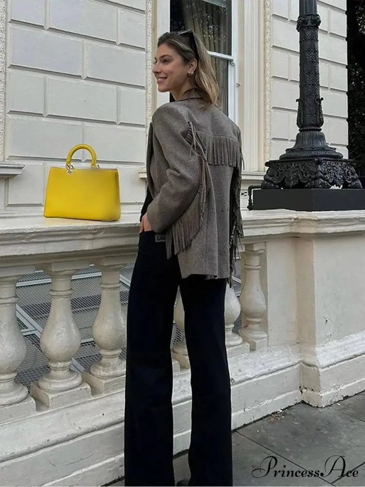 Casual Tassels Patchwork Long Sleeves Lapel Single Breasted Buckle Slim Stylish Coat - Image 3