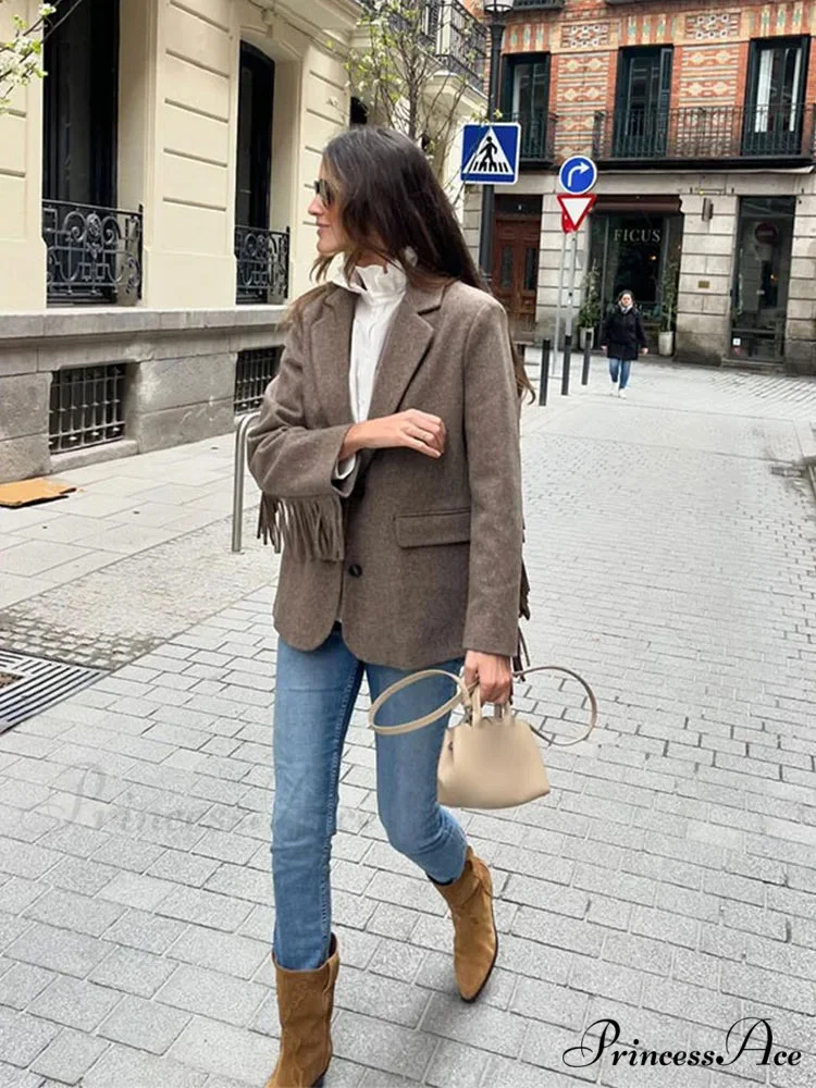Casual Tassels Patchwork Long Sleeves Lapel Single Breasted Buckle Slim Stylish Coat - Image 4