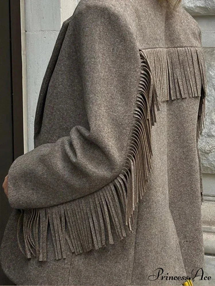 Casual Tassels Patchwork Long Sleeves Lapel Single Breasted Buckle Slim Stylish Coat - Image 5