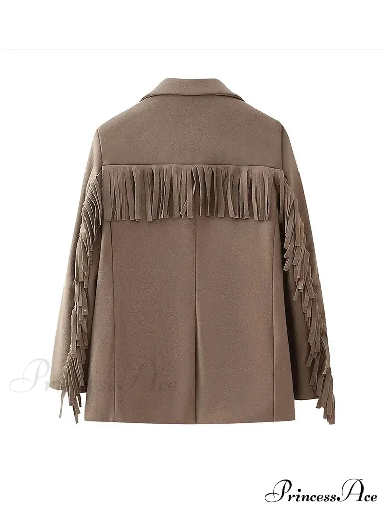 Casual Tassels Patchwork Long Sleeves Lapel Single Breasted Buckle Slim Stylish Coat - Image 6