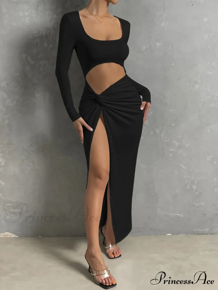 Long-sleeved Square Neck Long High Split Nightclub Wear Hollow Out Cut Out Dress - Image 5