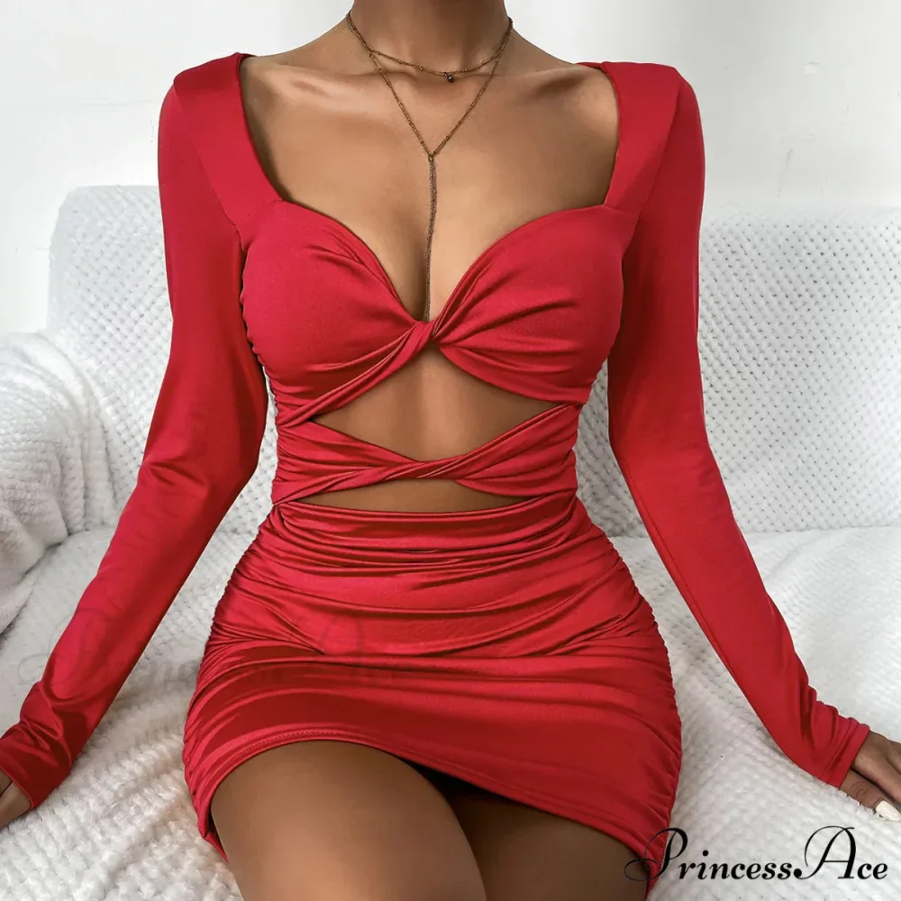 Sleeve Deep V Neck Hollow Out Pleated Ruched Soild Color Cut Out Dress - Image 3