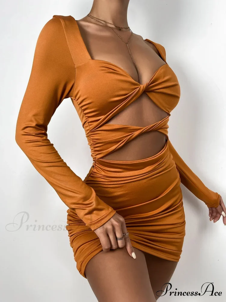 Sleeve Deep V Neck Hollow Out Pleated Ruched Soild Color Cut Out Dress - Image 5