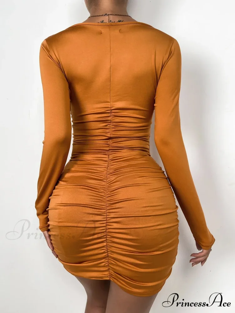 Sleeve Deep V Neck Hollow Out Pleated Ruched Soild Color Cut Out Dress - Image 6