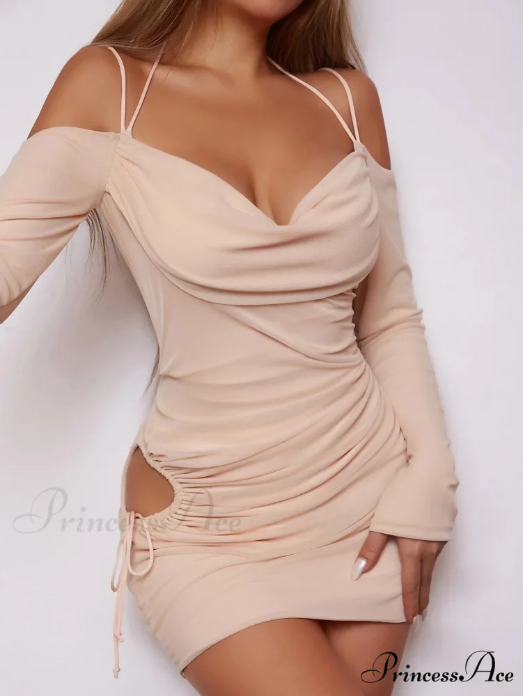 Open Strap Sling Tight Hollow Off Back Pleated Long Sleeve Cut Out Dress - Image 5