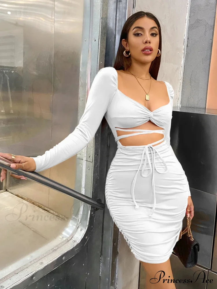 Long Sleeve V-Neck Mini Solid Color Backless Evening Ladies Fashion 2024 Cut Out Dress - Image 2