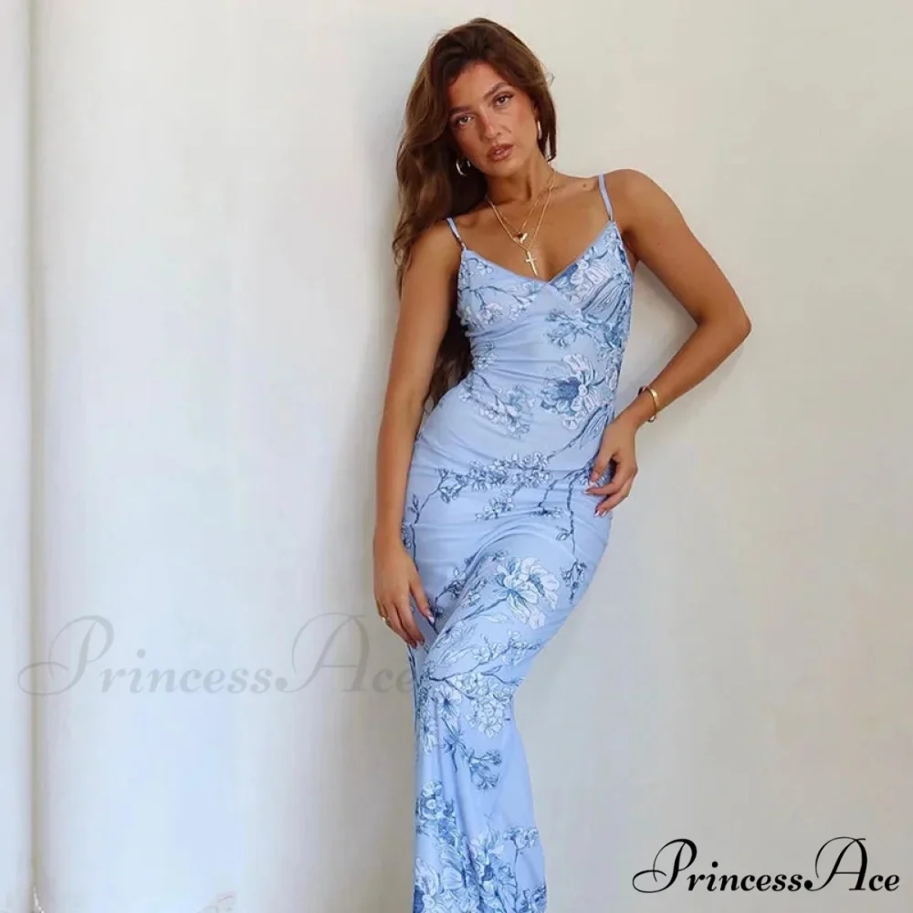 Sleeveless Print Fashion Vneck SlimLong Summer Beach Party Club Robe Floral Dress - Image 7