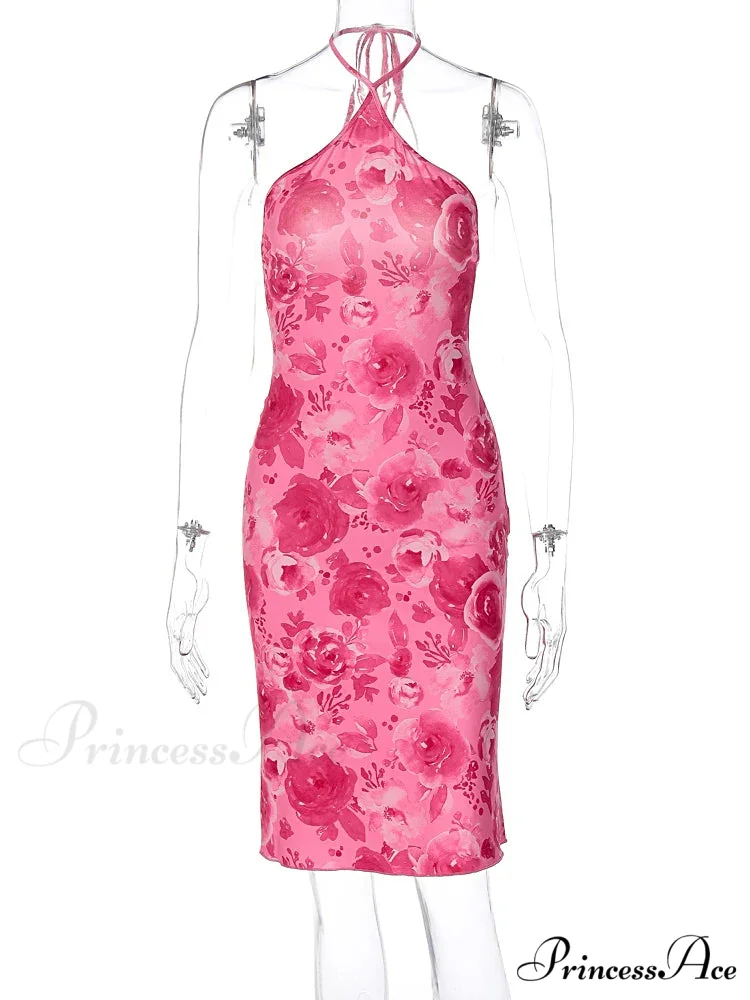 Dulzura Rose Print Lace Up Halter Mini Sexy Backless Party OutFit Birthday Clothes Y2K Floral Dress - Image 6