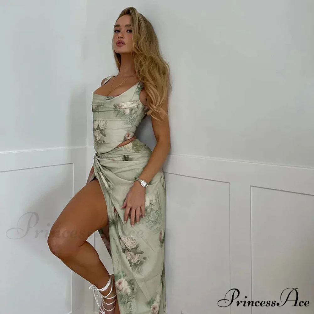 Summer Rose printed Cultivate One's Morality Fashion Suits Condole Belt Vest Tall Waist Sexy Open Fork Skirt Floral Dress - Image 4