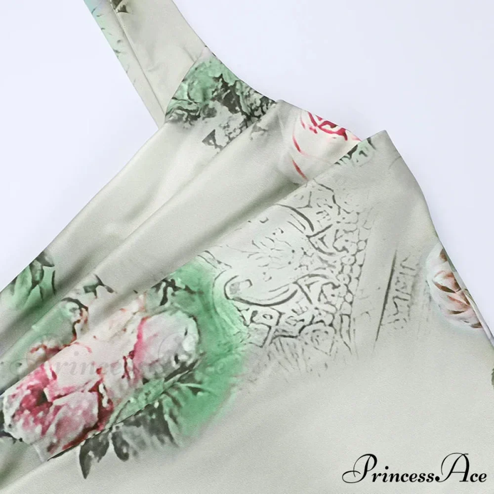 Summer Rose printed Cultivate One's Morality Fashion Suits Condole Belt Vest Tall Waist Sexy Open Fork Skirt Floral Dress - Image 5