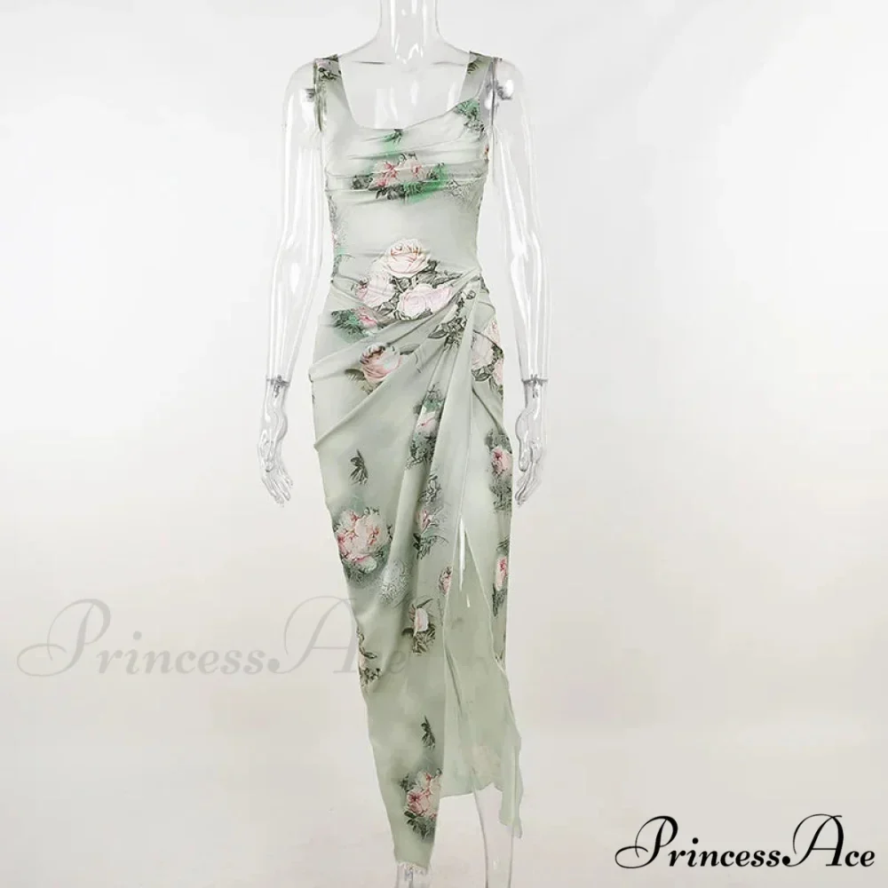 Summer Rose printed Cultivate One's Morality Fashion Suits Condole Belt Vest Tall Waist Sexy Open Fork Skirt Floral Dress - Image 7