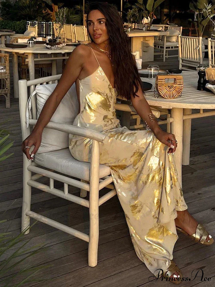 Dulzura Gold Strap V Neck Backless Long Metal Party Club OutFits Y2K Clothes 2024 Summer Floral Dress - Image 4