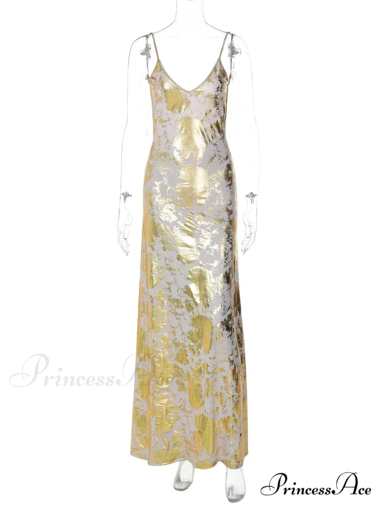 Dulzura Gold Strap V Neck Backless Long Metal Party Club OutFits Y2K Clothes 2024 Summer Floral Dress - Image 5