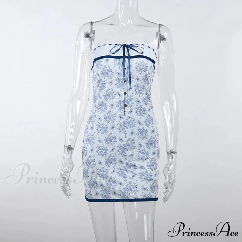 Printed Vacation Off-Shoulder Blue Metal Button Spring Elegant Outside Female Mini Floral Dress - Image 3