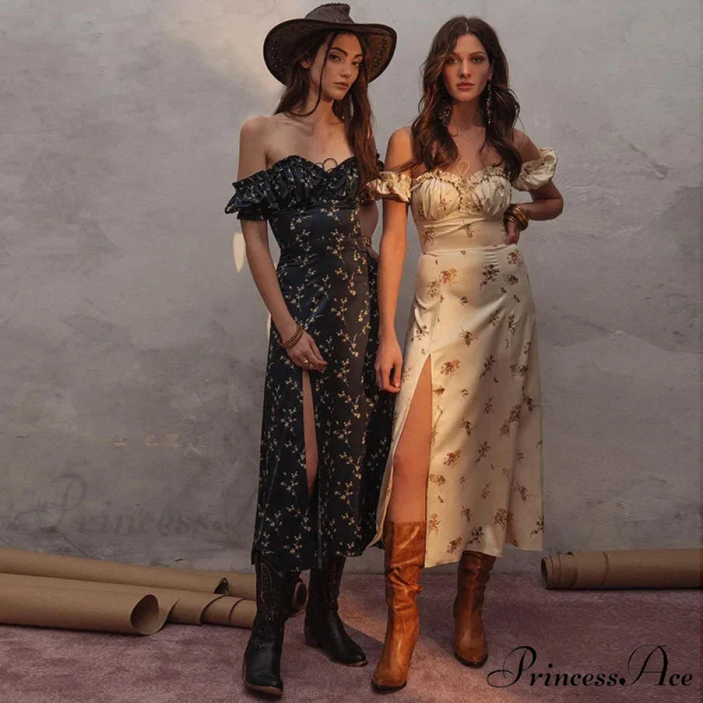 Summer Off Shoulder Puff Sleeve Lace Up Side Split Chic Aesthetic Floral Dress - Image 4