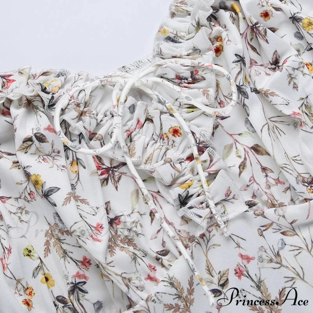 Summer Off Shoulder Puff Sleeve Lace Up Side Split Chic Aesthetic Floral Dress - Image 5