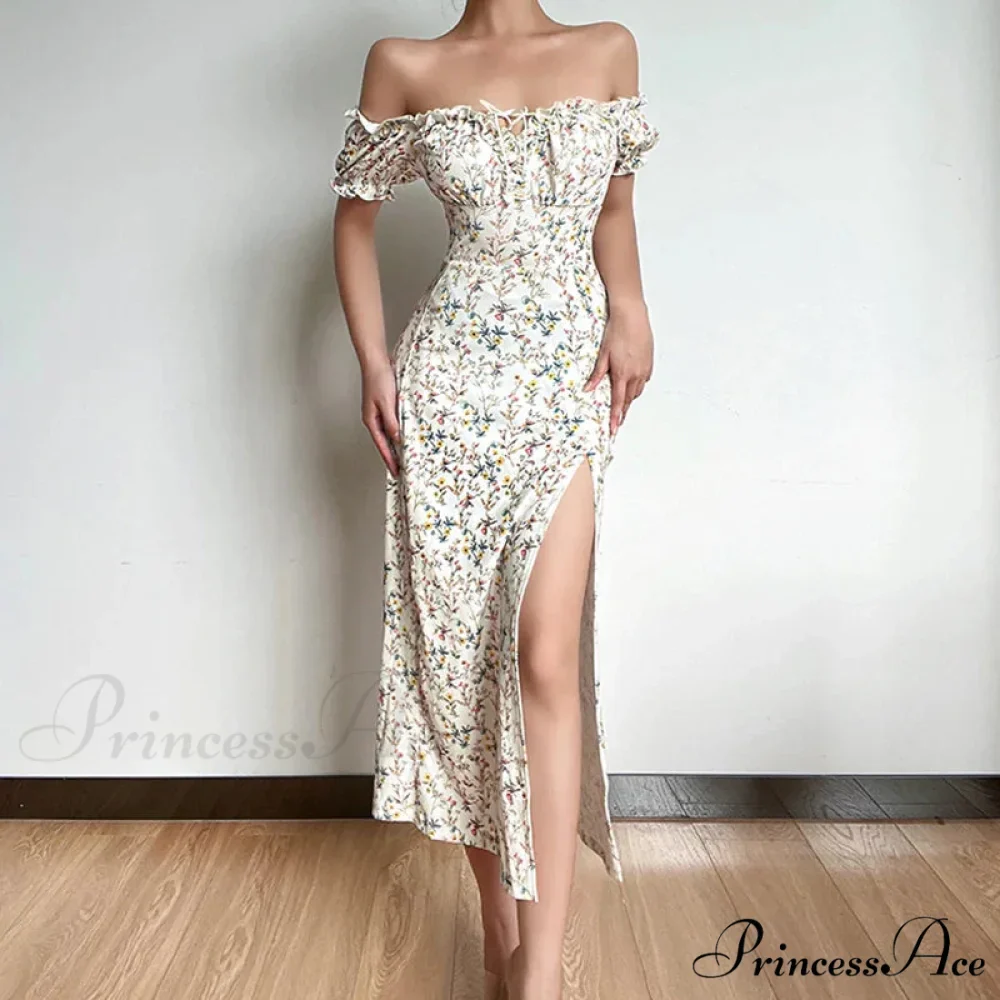 Off Shoulder Flower Print High Split Elegant Long Backless Bodycon Summer Floral Dress - Image 2