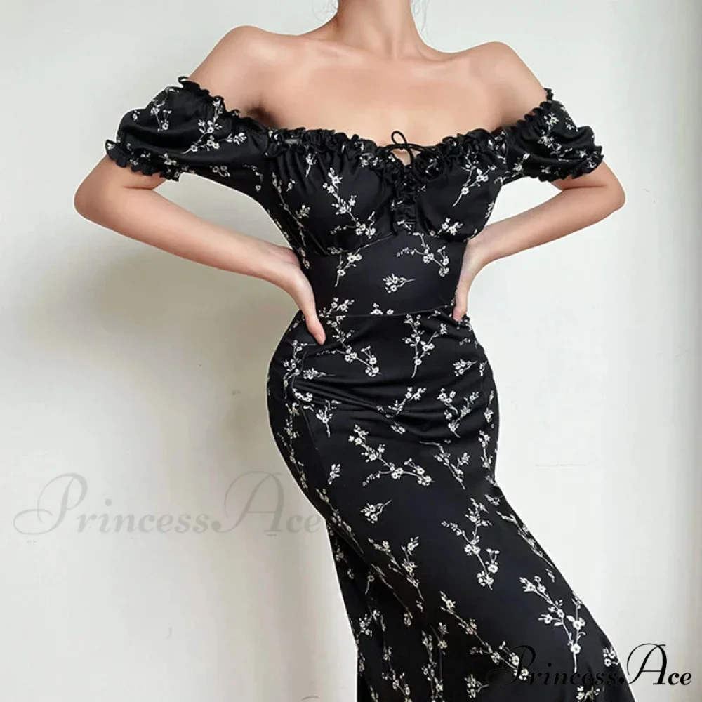 Off Shoulder Flower Print High Split Elegant Long Backless Bodycon Summer Floral Dress - Image 4