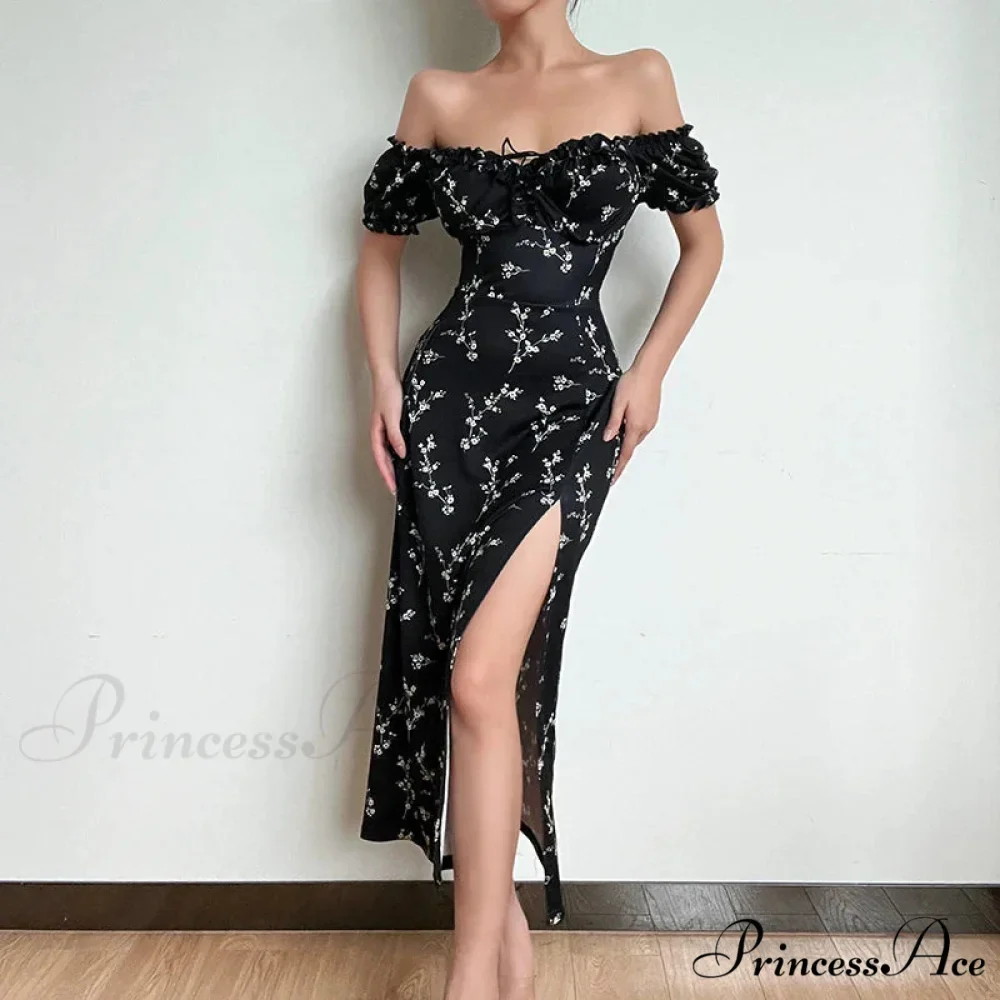 Off Shoulder Flower Print High Split Elegant Long Backless Bodycon Summer Floral Dress - Image 7