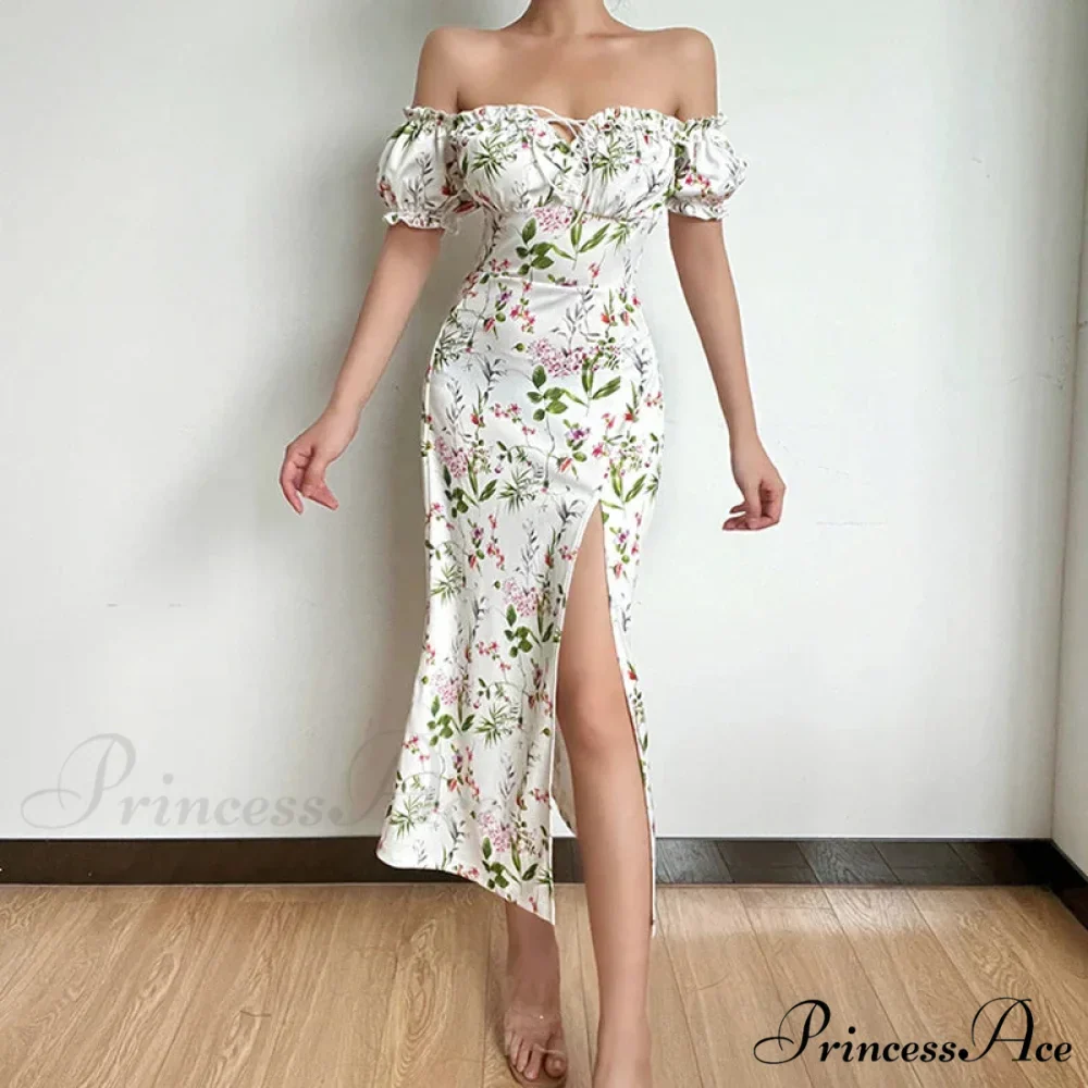 Off Shoulder Flower Print High Split Elegant Long Backless Bodycon Summer Floral Dress - Image 8