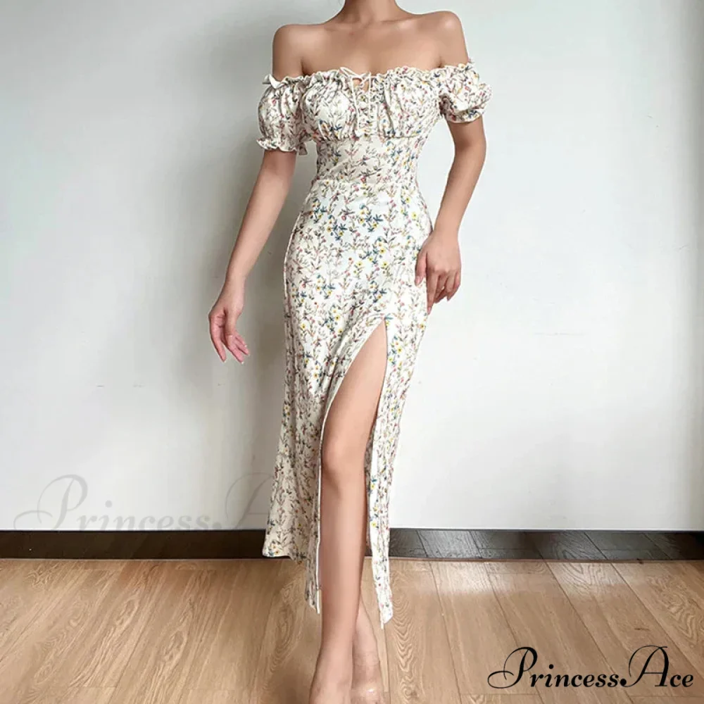 Off Shoulder Flower Print High Split Elegant Long Backless Bodycon Summer Floral Dress - Image 9