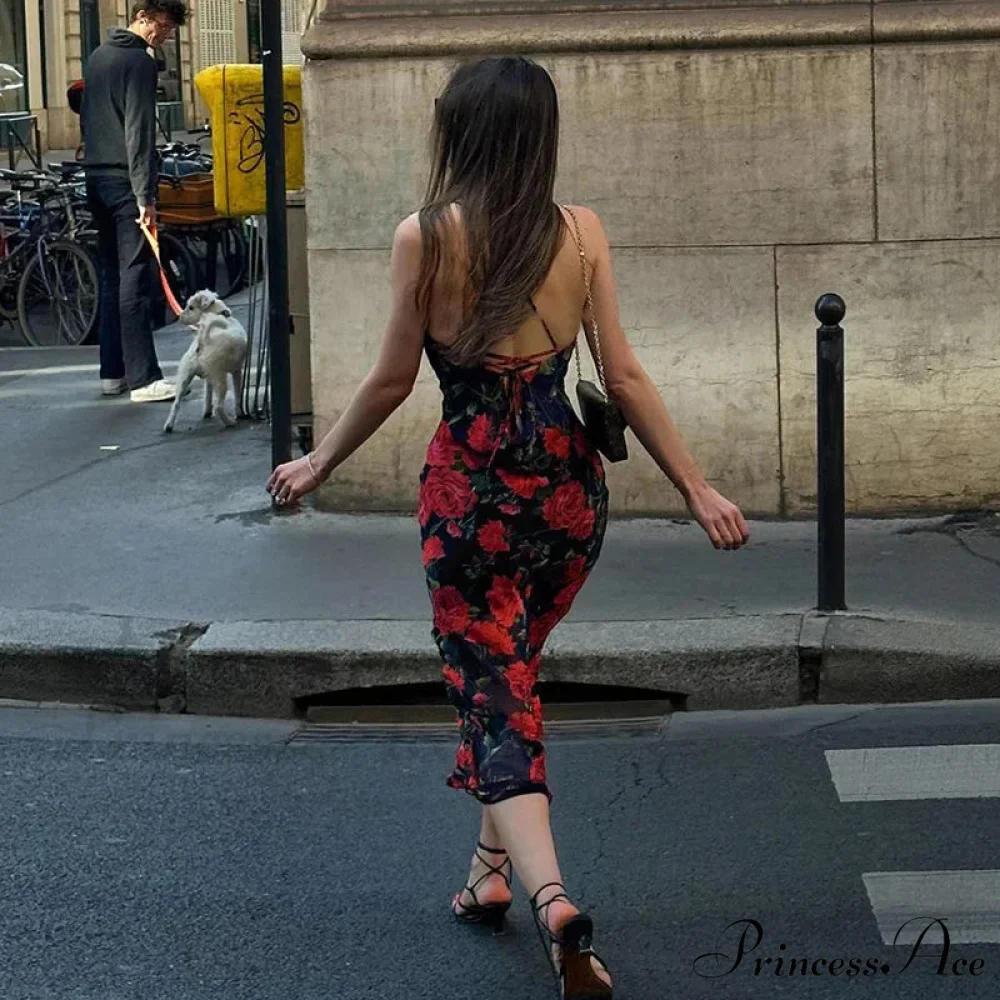 Fresh Rural Style Long SlimPrinted Suspended Spring/Summer Off Shoulder Floral Dress - Image 2