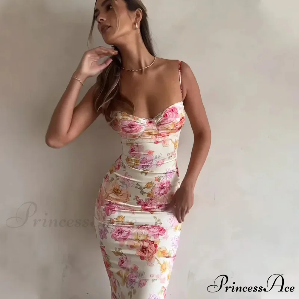 Suspender Split SlimSleeveless Beach Spaghetti Strap 2024 Summer Floral Dress - Image 4