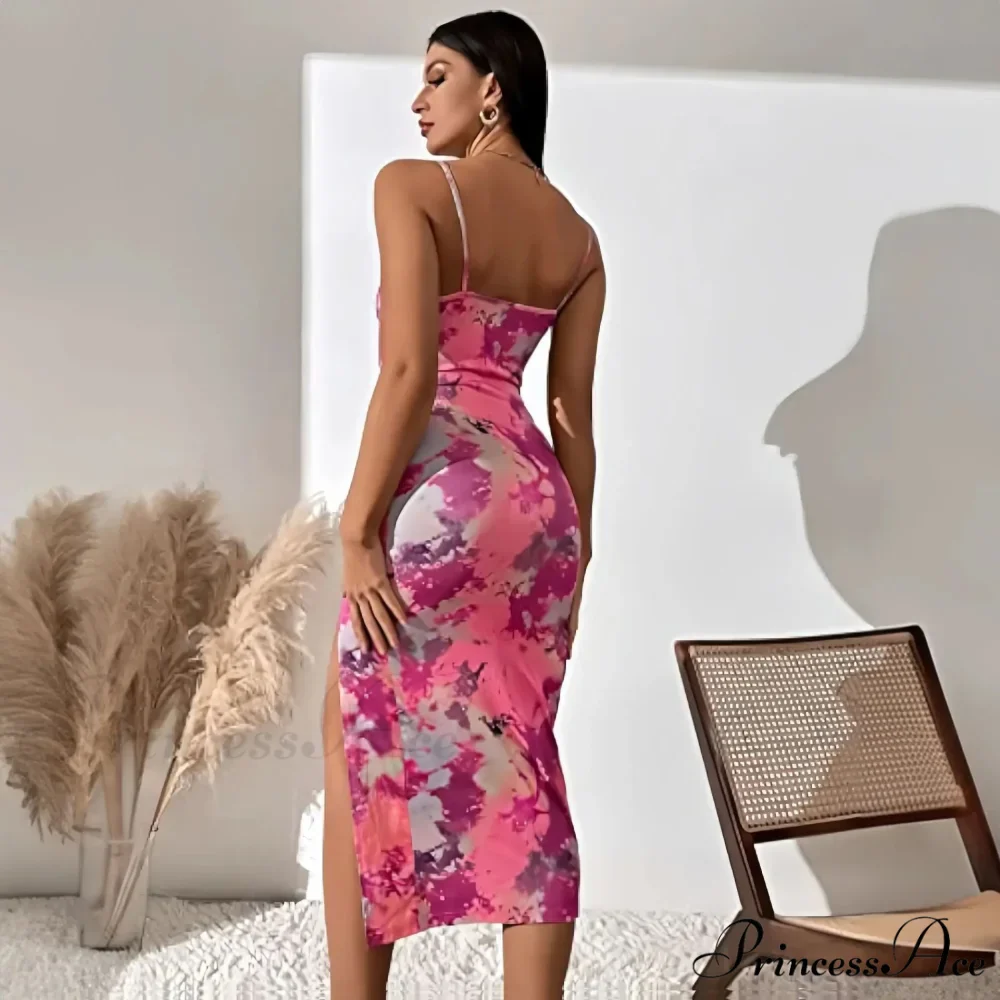 2024 Summer New Split Sexy SlimWomen's Halter Trending Clothing Korean Reviews Floral Dress - Image 2