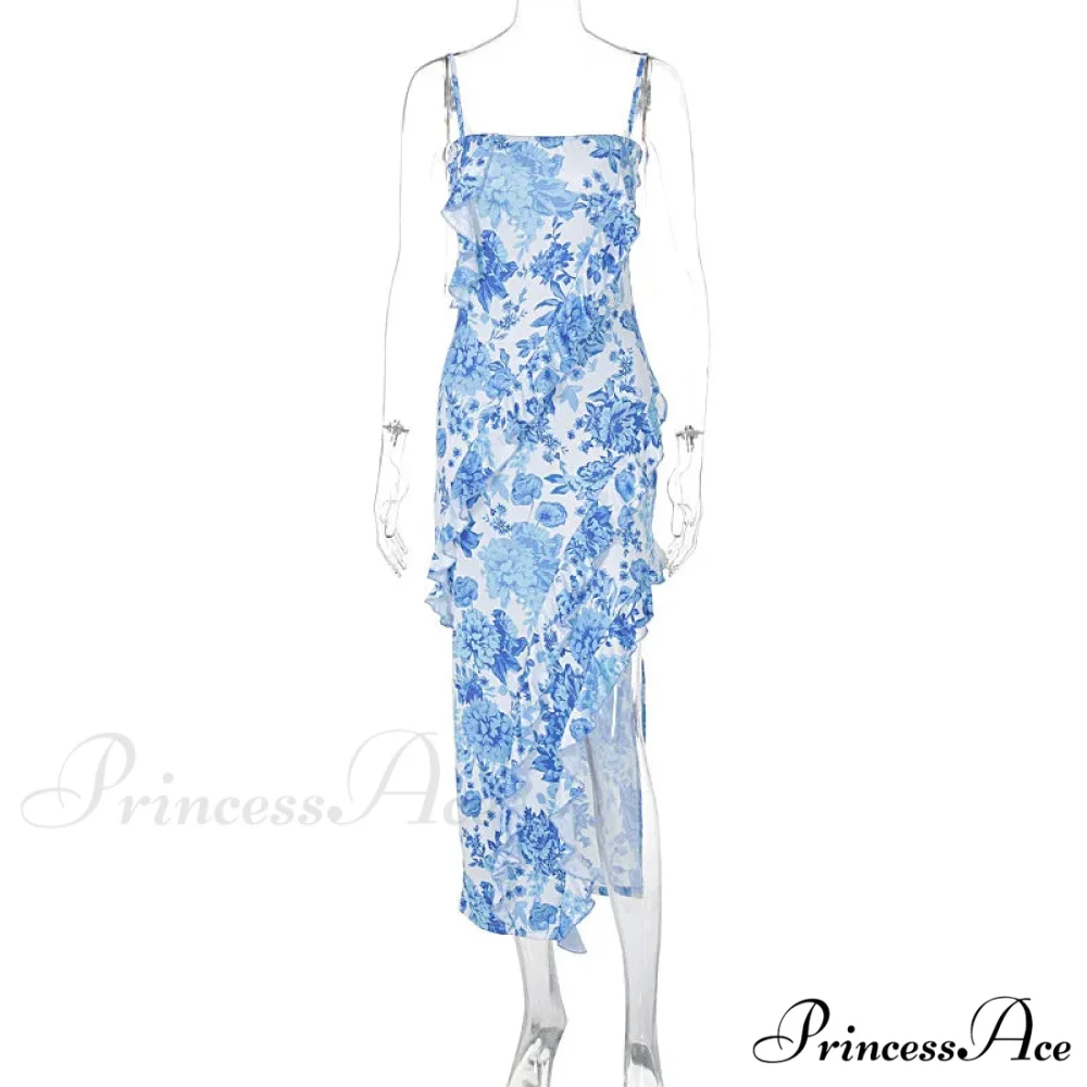 Summer Off-the-Shoulder Flanged Splicing Split Halter Sexy Costume Fashion es 2024 Floral Dress - Image 6