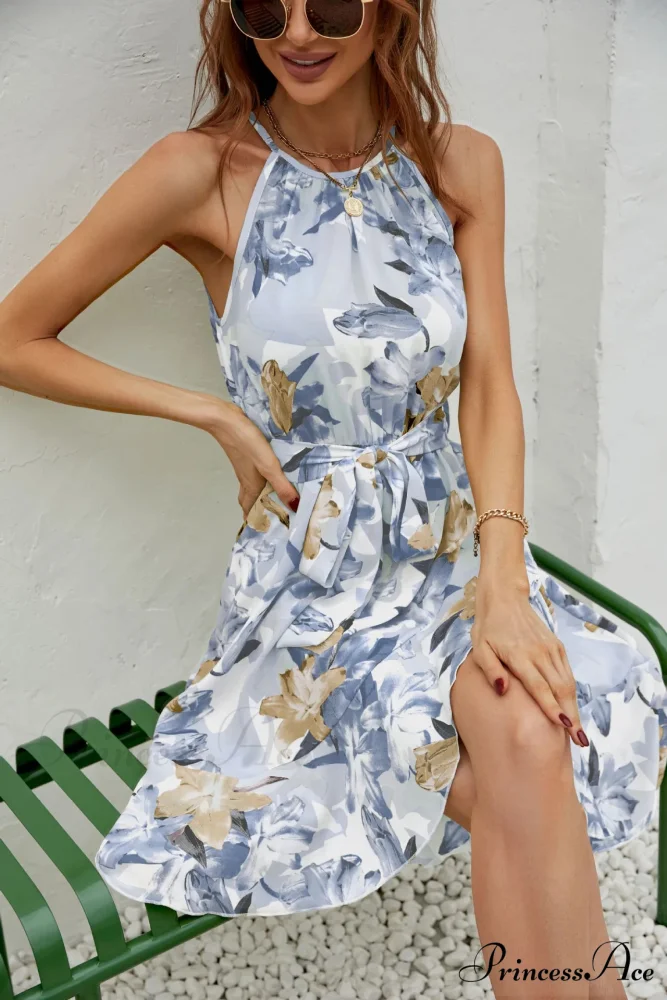 2024 Female Spring Summer Holiday Style Temperament Crew-neck Printed Cross Beach Floral Dress - Image 3