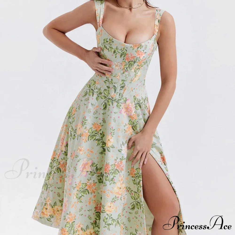 2024 Slip Spring and Summer Thin Ribbon Split Long es for Women Floral Dress - Image 2