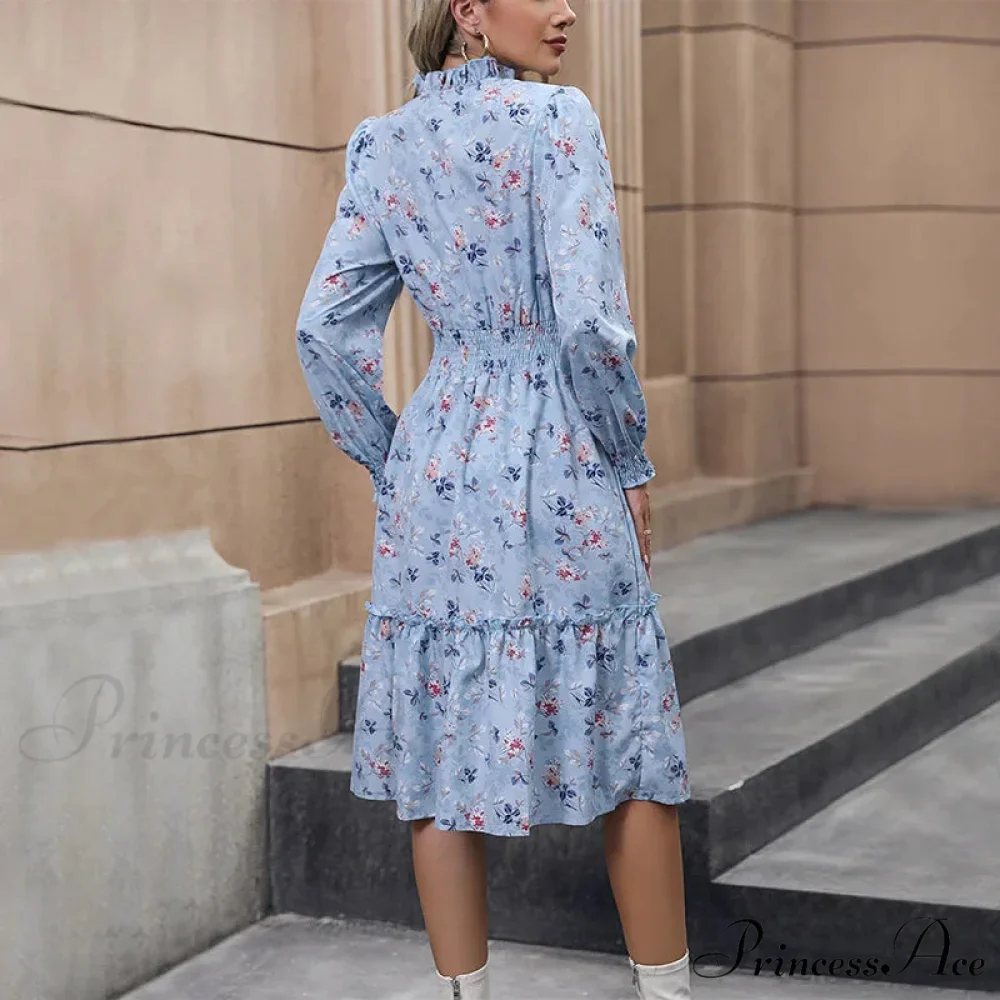 2024 Long Sleeve Printed A-Link Skirt Vestido De Cuello V Cerrado Summer Women Clothing Floral Dress - Image 2