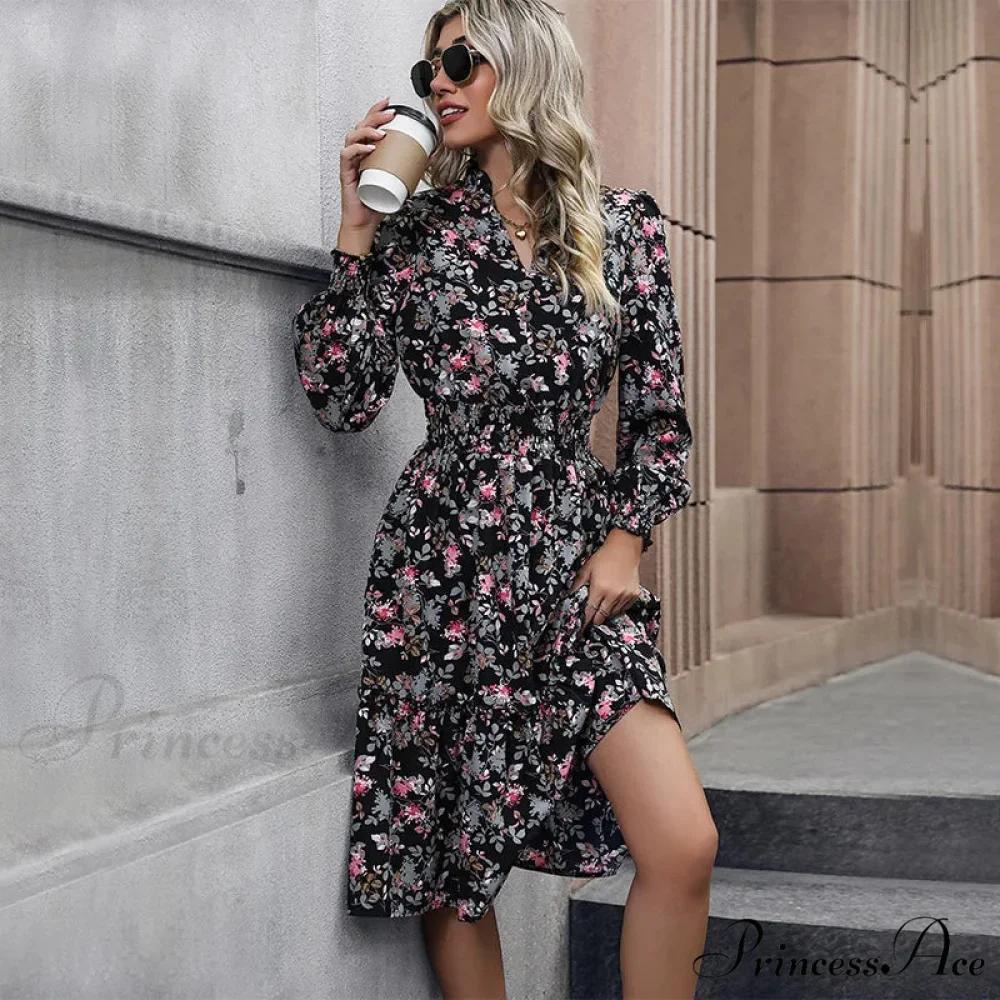 2024 Long Sleeve Printed A-Link Skirt Vestido De Cuello V Cerrado Summer Women Clothing Floral Dress - Image 3