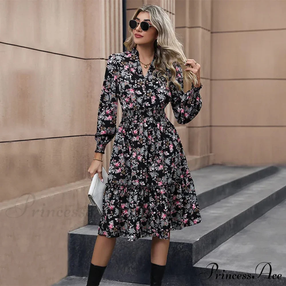 2024 Long Sleeve Printed A-Link Skirt Vestido De Cuello V Cerrado Summer Women Clothing Floral Dress - Image 7