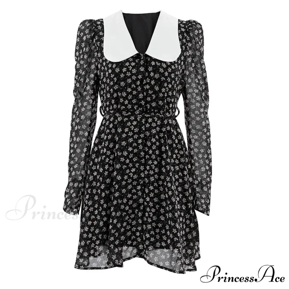 2024 Spring French Puff Sleeve Women's Doll Collar Waist Long Sleeve A-Link Skirt Summer Floral Dress - Image 5