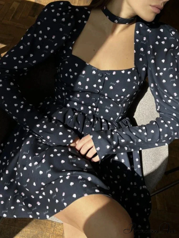 Folds Print 2024 Summer Casual Long Sleeve France Retro Femme Street Elegant Female Floral Dress - Image 3