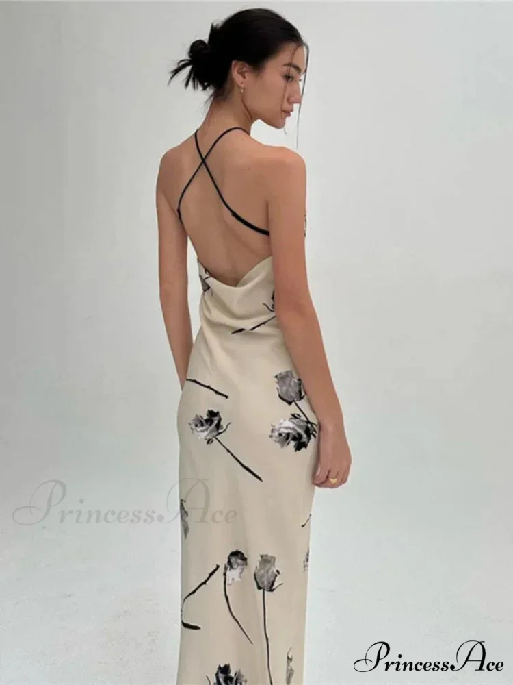 Summer Print Long Halter Backless Satin Split es Women 2024 Hot Vestidos Floral Dress - Image 3