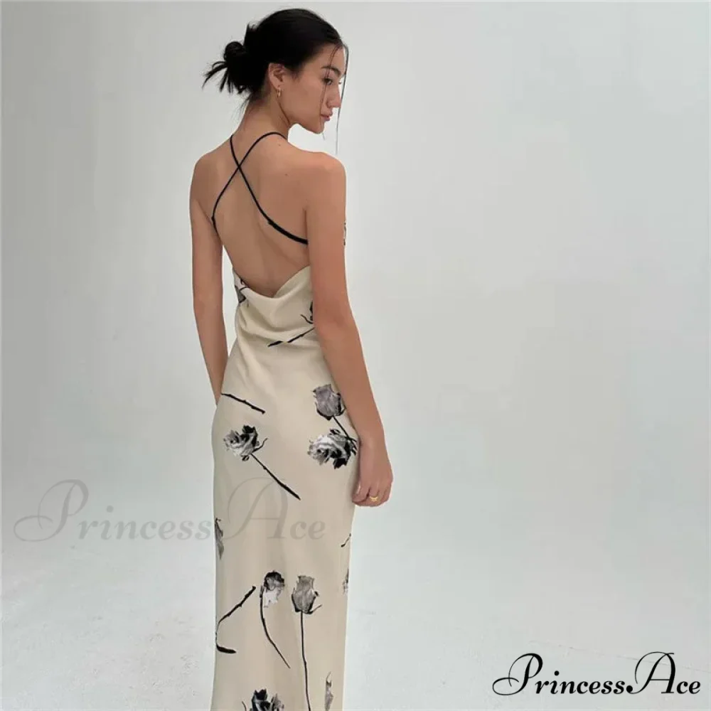 Summer Print Long Halter Backless Satin Split es Women 2024 Hot Vestidos Floral Dress - Image 7