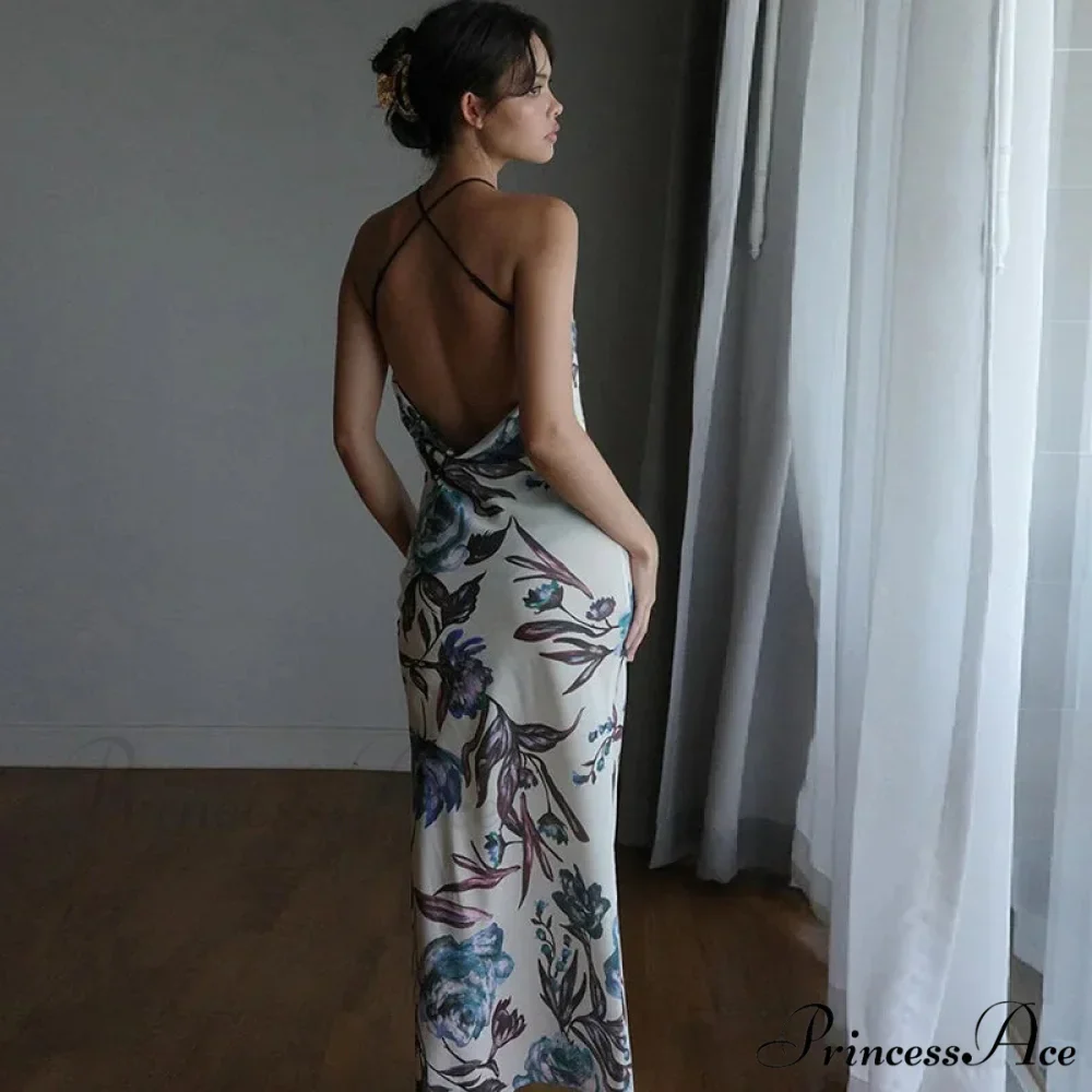 Summer Print Long Halter Backless Satin Split es Women 2024 Hot Vestidos Floral Dress - Image 8